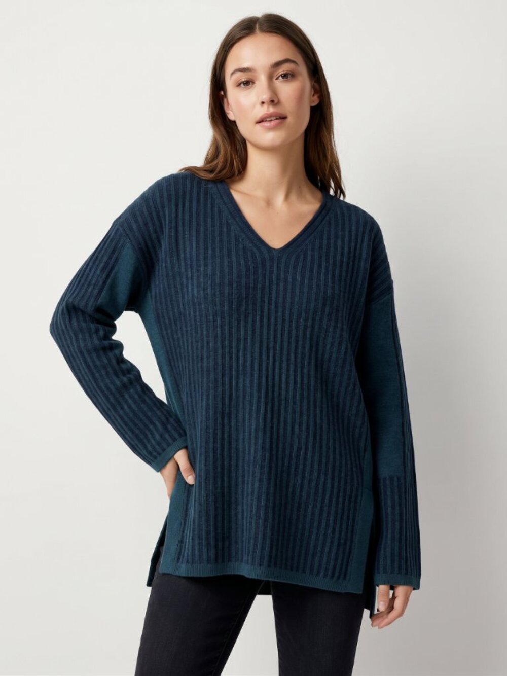 NWT Smartwool Shadow Pine V-Neck Ribbed Tunic Sweater Twilight Blue Heather M